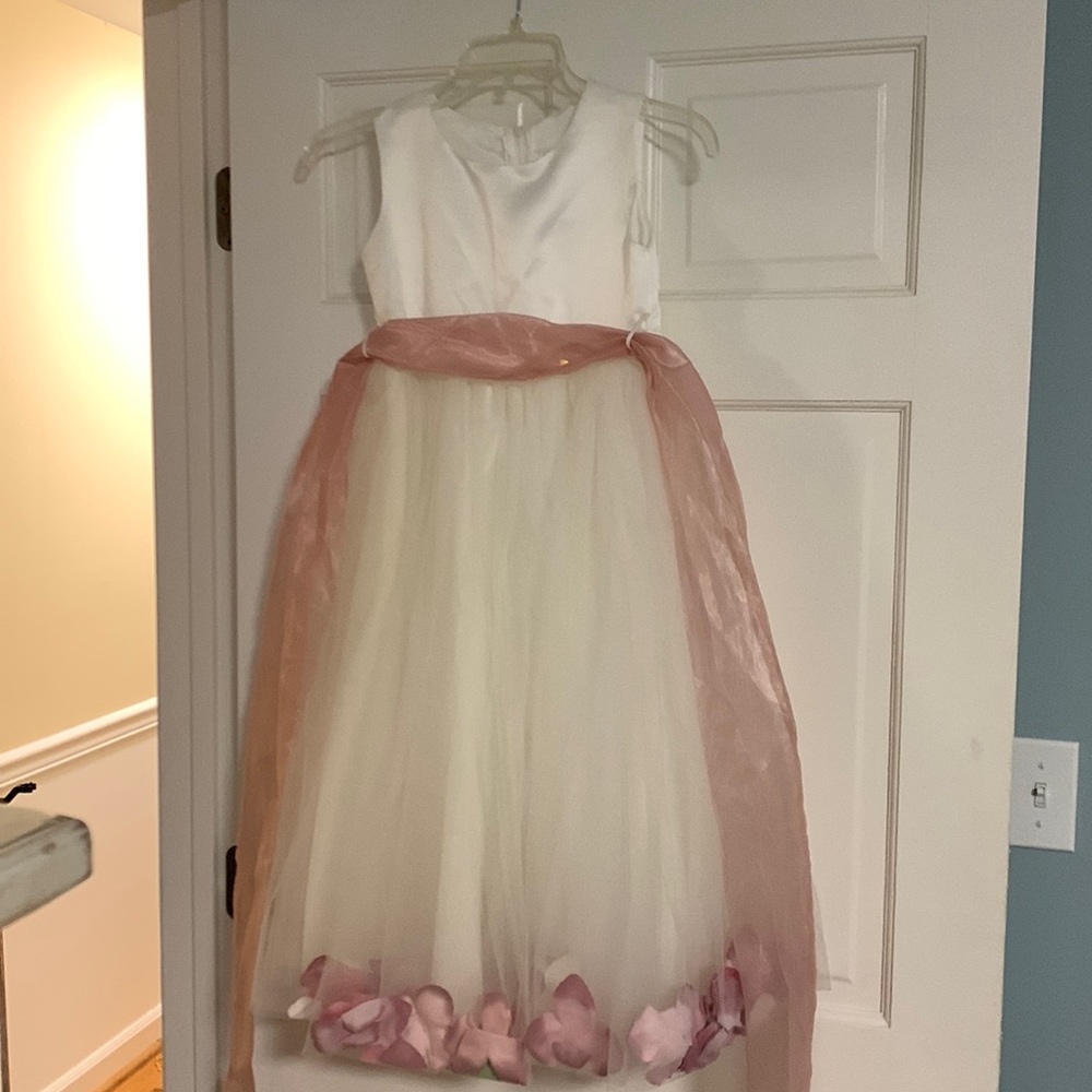 Aline formal girls dress with rose petals in the hem and rose tulle sash